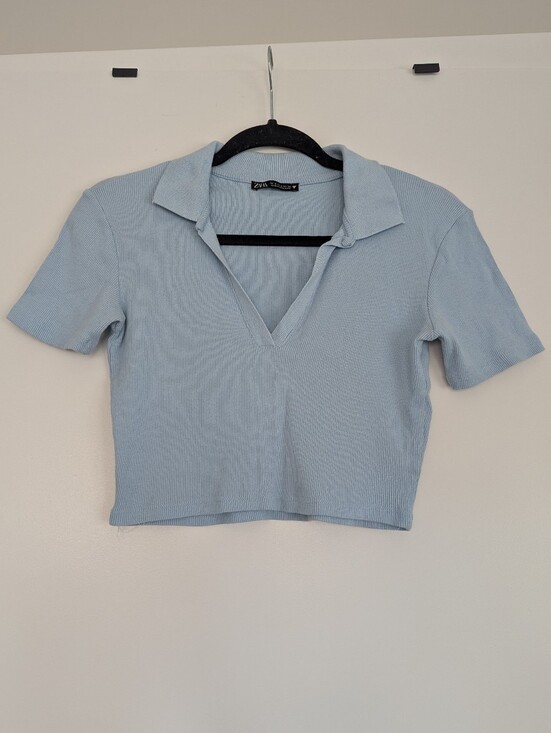 Zara Tops - Zara Pale Blue Cropped Polo Top
